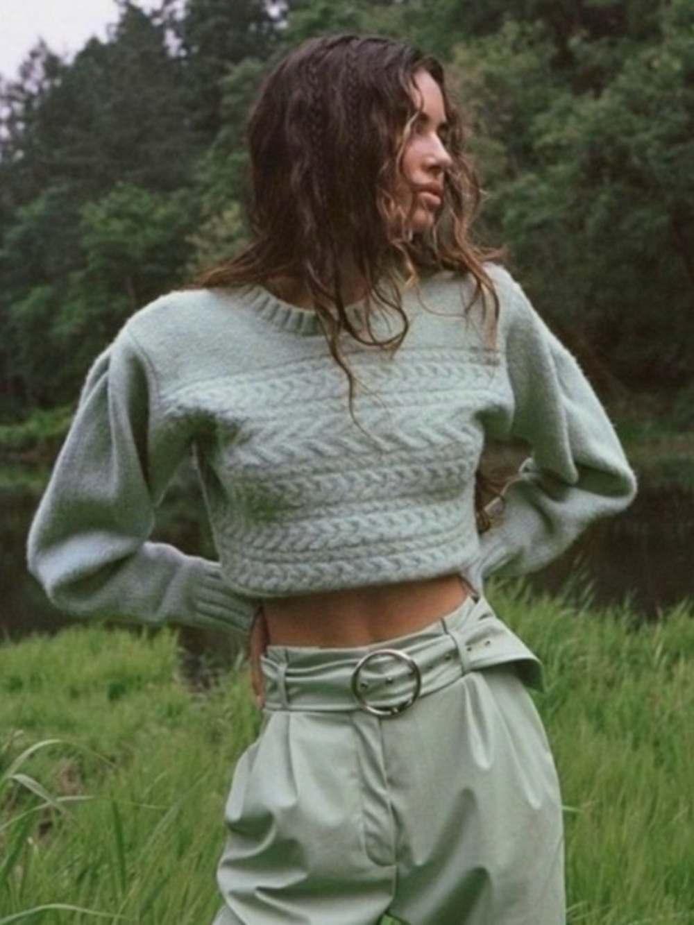 For Love & Lemons Dominique Cable Knit Sweater Mint Green Size Large Puff Sleeve